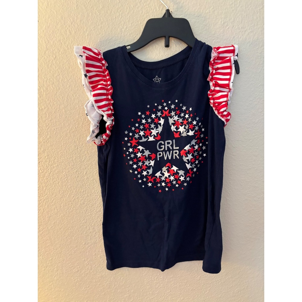 Wonder Nation Girls GRL PWR Patriotic Ruffle Sleeve Graphic T-Shirt Navy L A1175